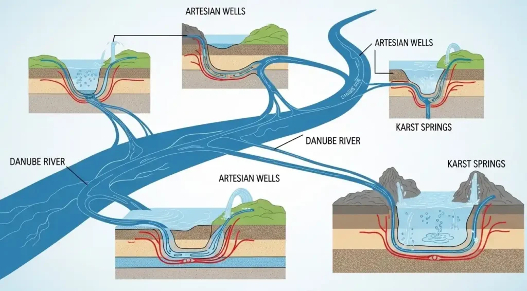 Map showing Budapest water sources including Danube River, wells, and karst springs