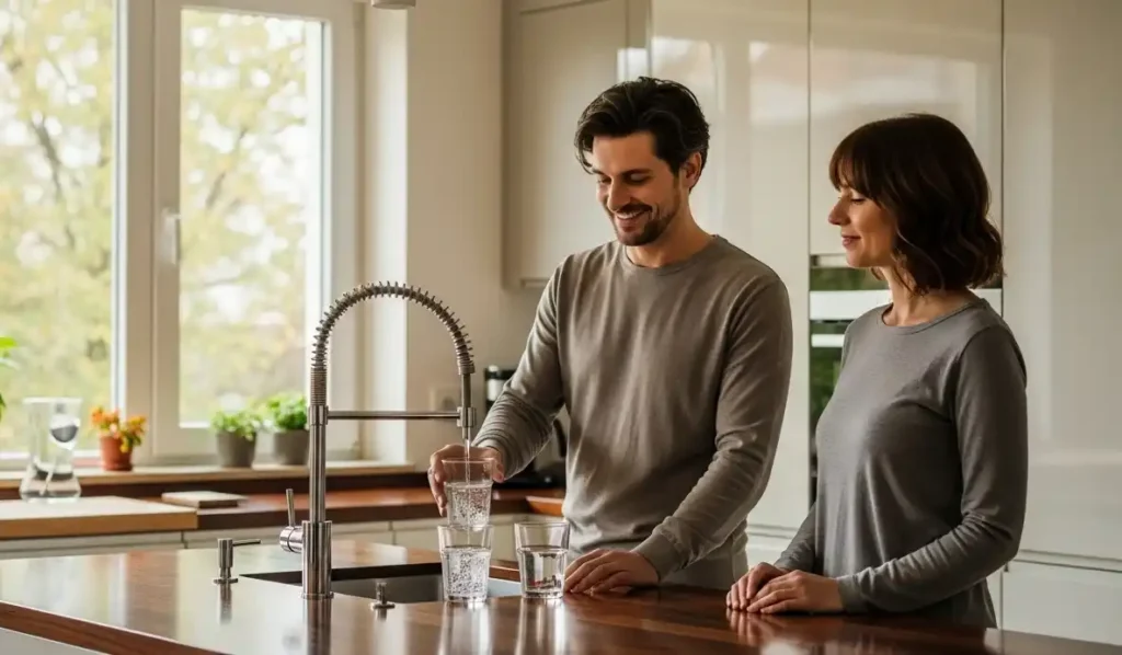 Local residents in Budapest confidently drinking tap water at home