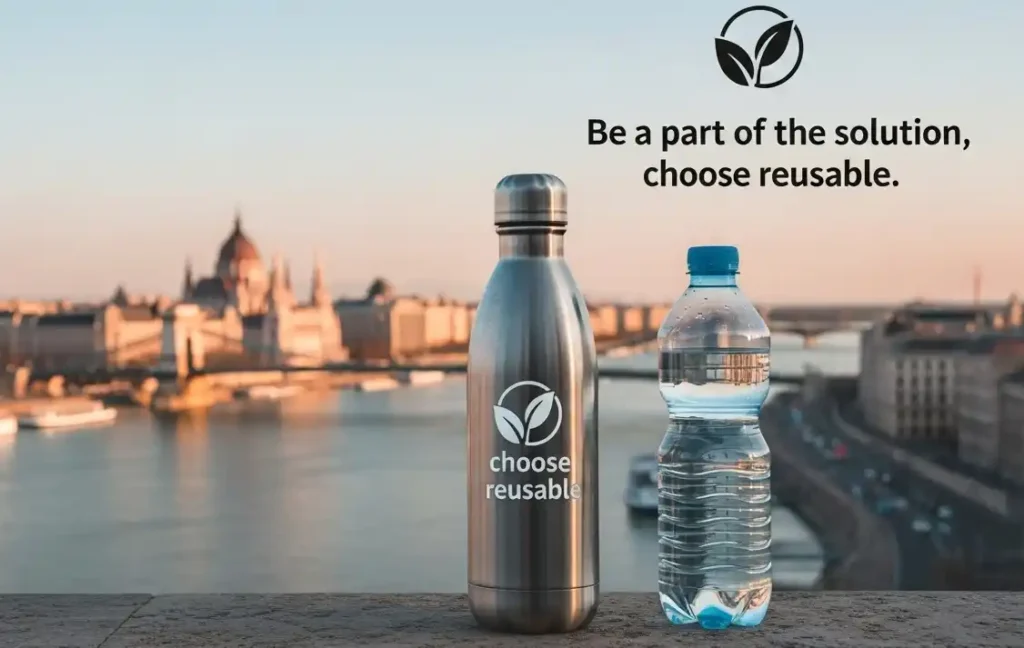 Comparison of reusable and plastic bottled water with Budapest skyline