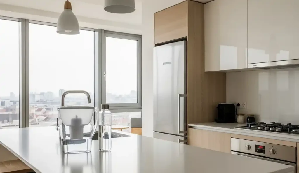 Water filter and reusable bottle setup in a Budapest Airbnb kitchen