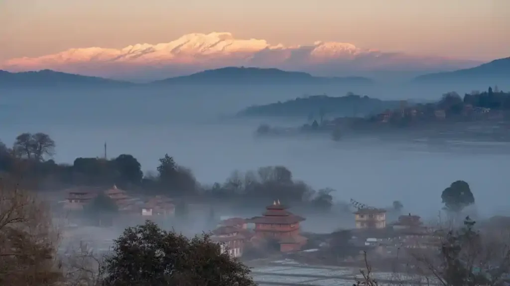 Kathmandu Valley winter view with light fog and sun rays