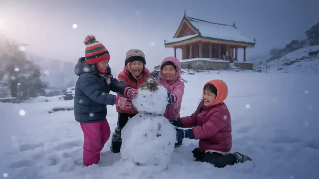 Children enjoying snowfall in Kalinchowk during December
