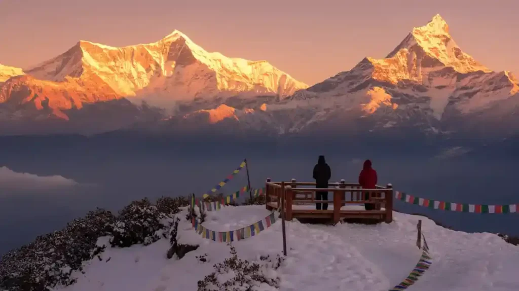Sunrise view from snowy Poon Hill in winter