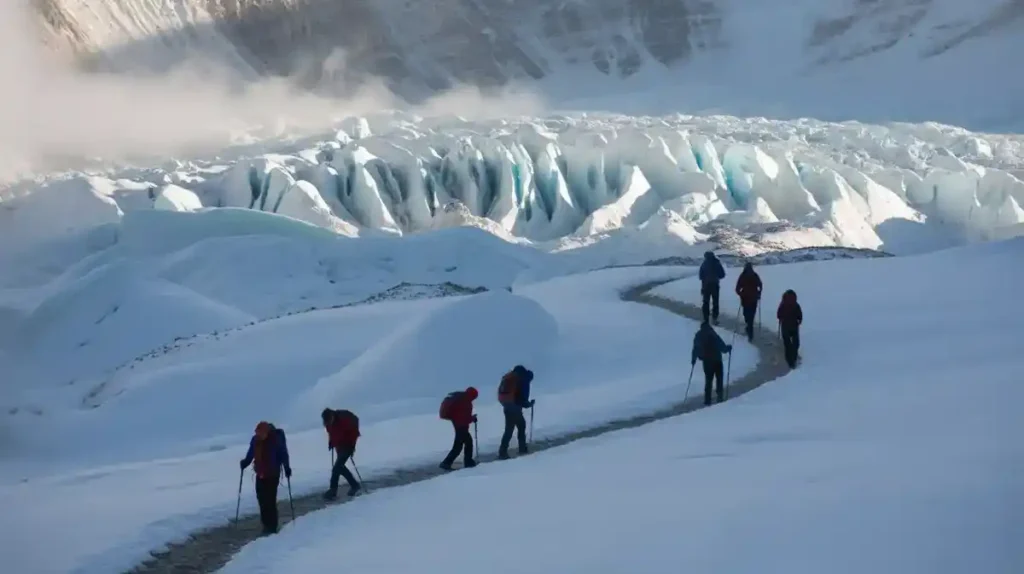 Snowy Everest Base Camp trek with view of Khumbu Glacier