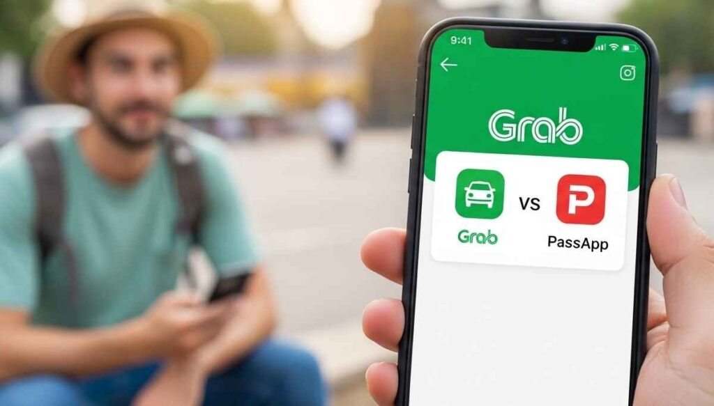 Grab and PassApp apps on smartphone in Cambodia