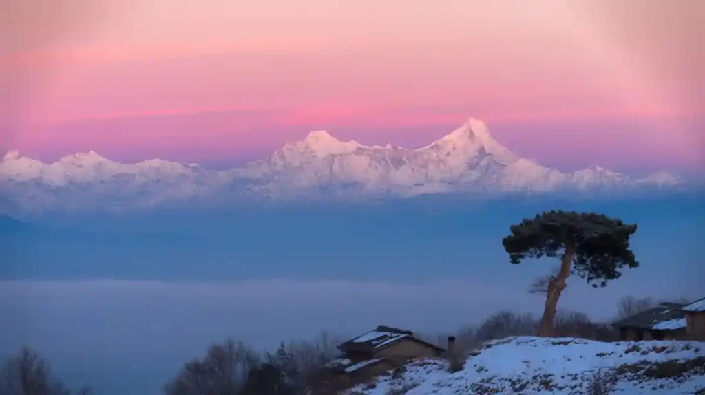 Sunrise from Nagarkot with snow-covered foreground and Himalayas in view