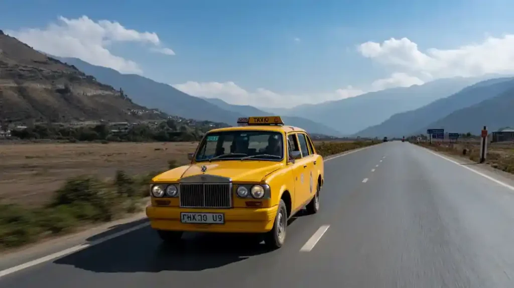 A yellow taxi traveling on Arniko Highway between Kathmandu and Bhaktapur.