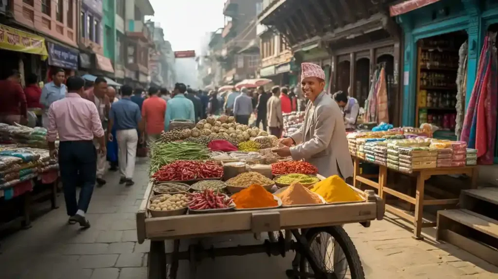 Shoppers exploring the busy and colorful Ason Tole Market