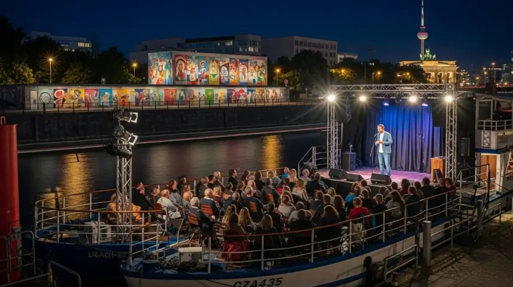 Berlin floating comedy boat show near East Side Gallery