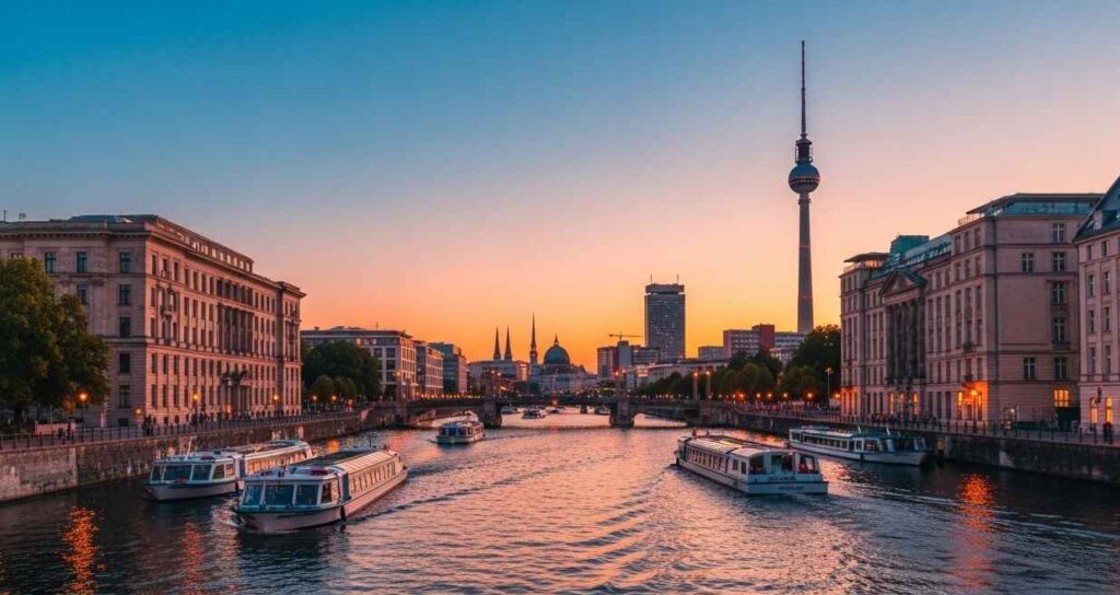 Spree River boat ride during golden hour in Berlin