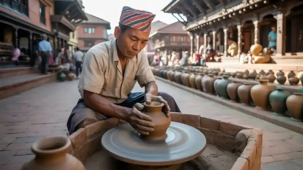 A potter making clay pots by hand in Bhaktapur’s Pottery Square.