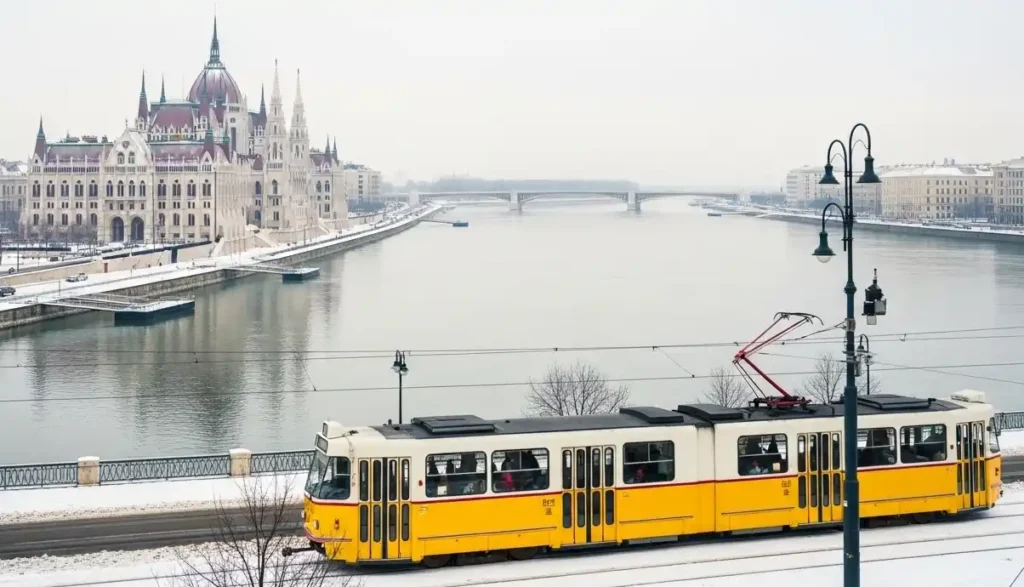 Budapest tram line 2 with Parliament and snow in the background