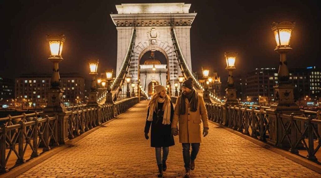 Couple walking on Budapest’s Chain Bridge during winter night