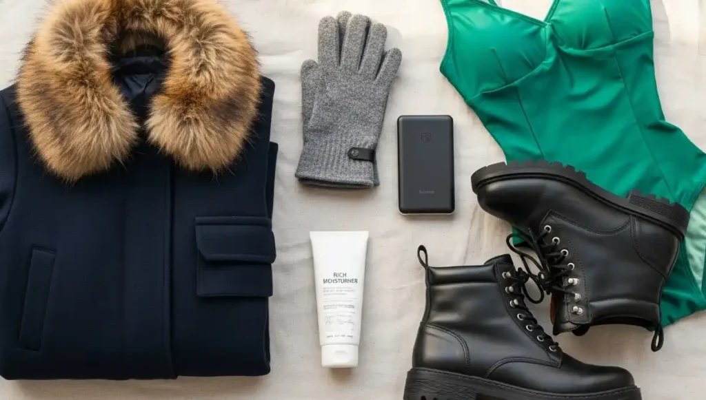 Winter packing items for Budapest including coat, boots, and swimwear