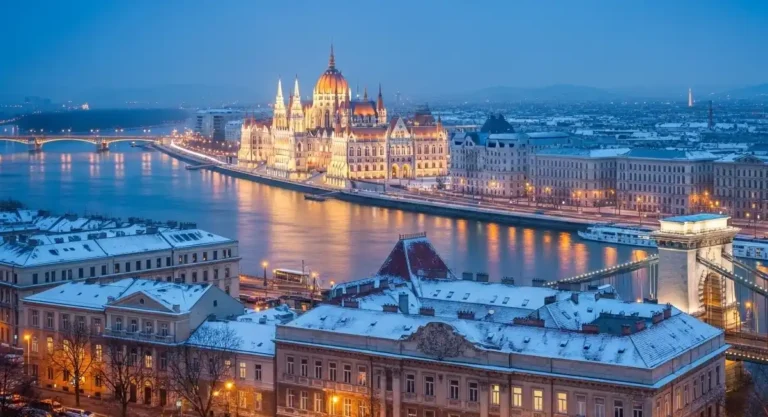 Budapest winter view with Parliament and Chain Bridge.
