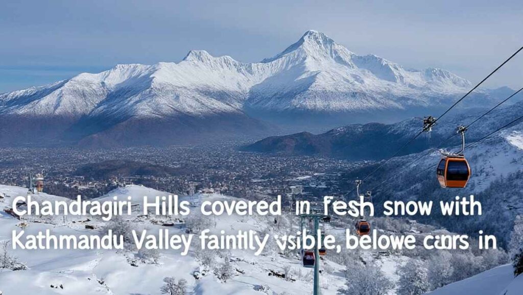 Snowy Chandragiri Hills with cable cars and view of Kathmandu Valley