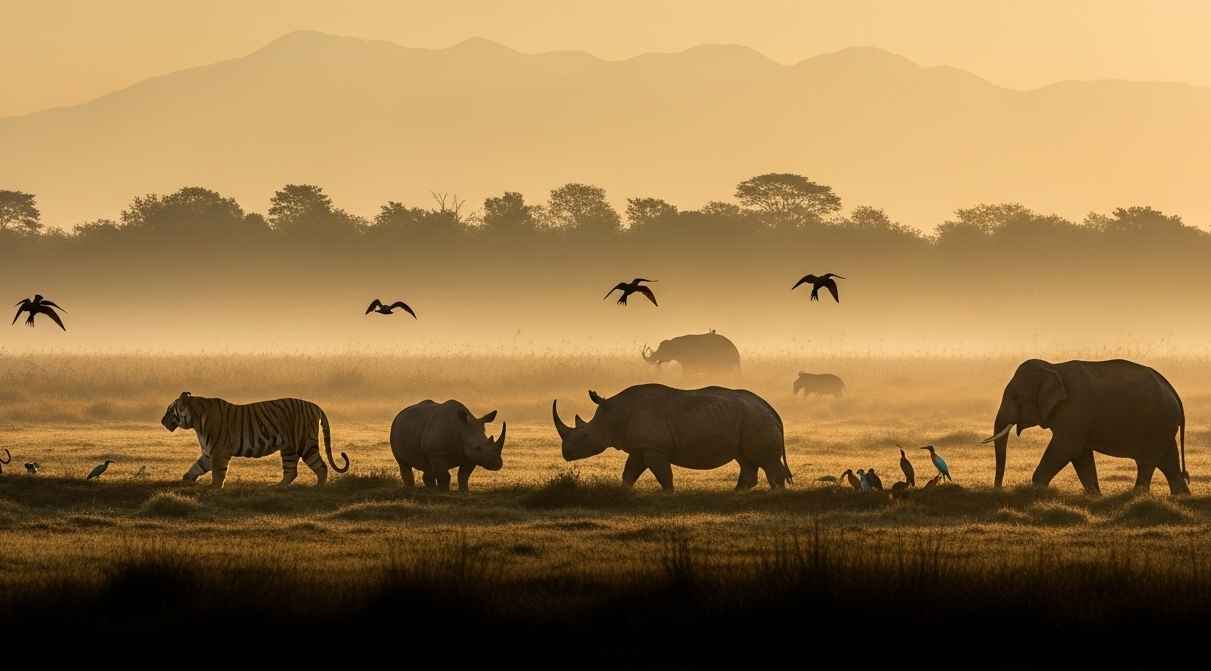 "Sunrise over Nepal’s Chitwan and Bardia National Parks with silhouettes of iconic wildlife like tigers and rhinos"