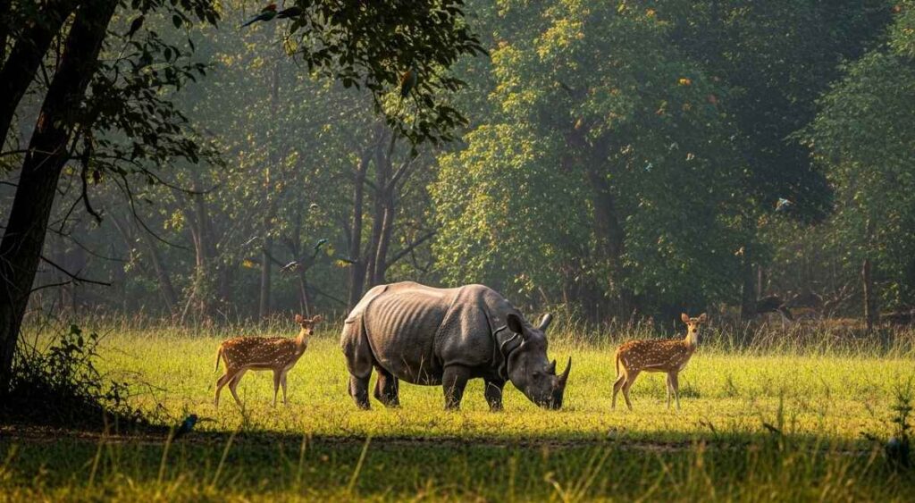 Chitwan’s forest habitat featuring rhinos, deer, and birds