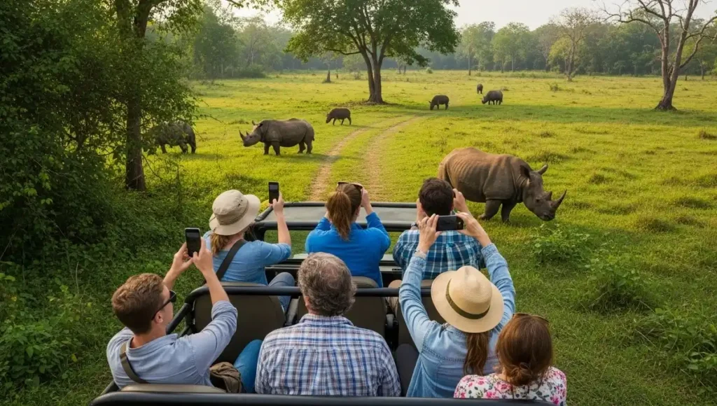 Jeep safari in Chitwan with tourists photographing distant animals