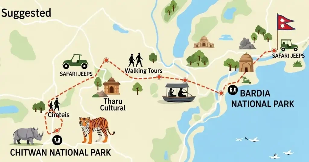 Map showing travel route from Chitwan to Bardia with safari highlights