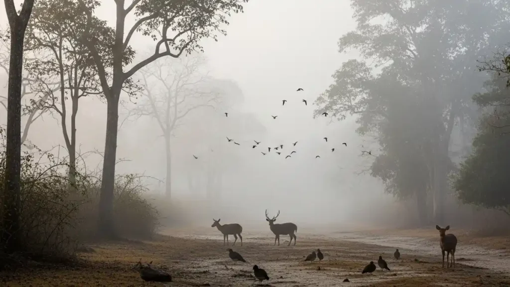 Winter morning in Chitwan with fog and visible wildlife