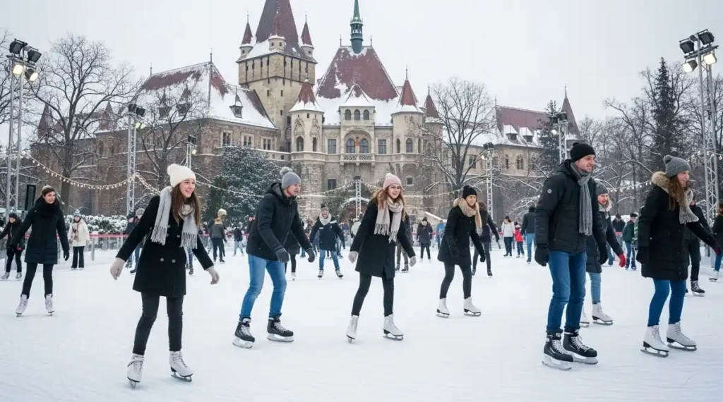 Ice skaters at City Park with snowy Vajdahunyad Castle in background