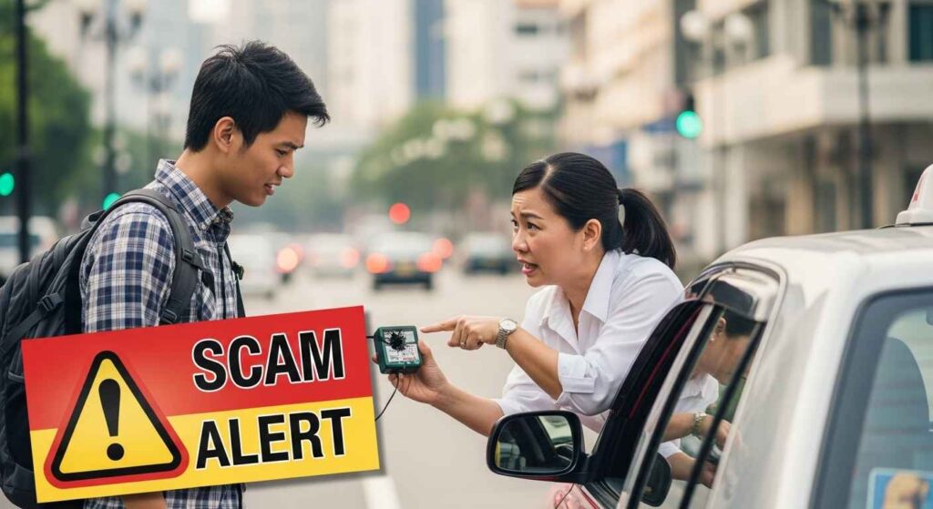 Tourist facing a common taxi scam with broken meter.