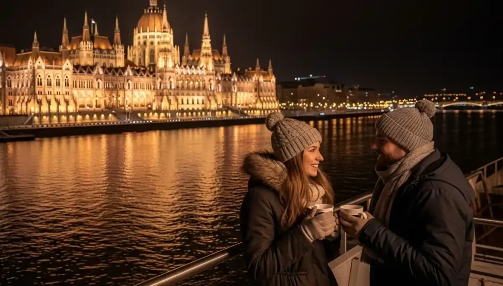 Couple enjoying Danube cruise with lit Parliament building in winter
