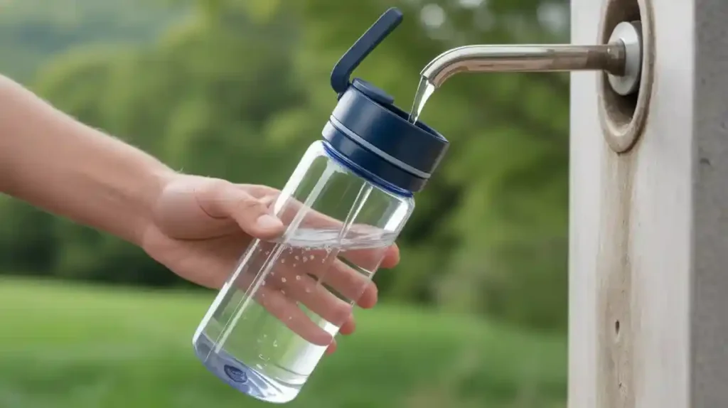 A filtered water bottle being filled in Kathmandu