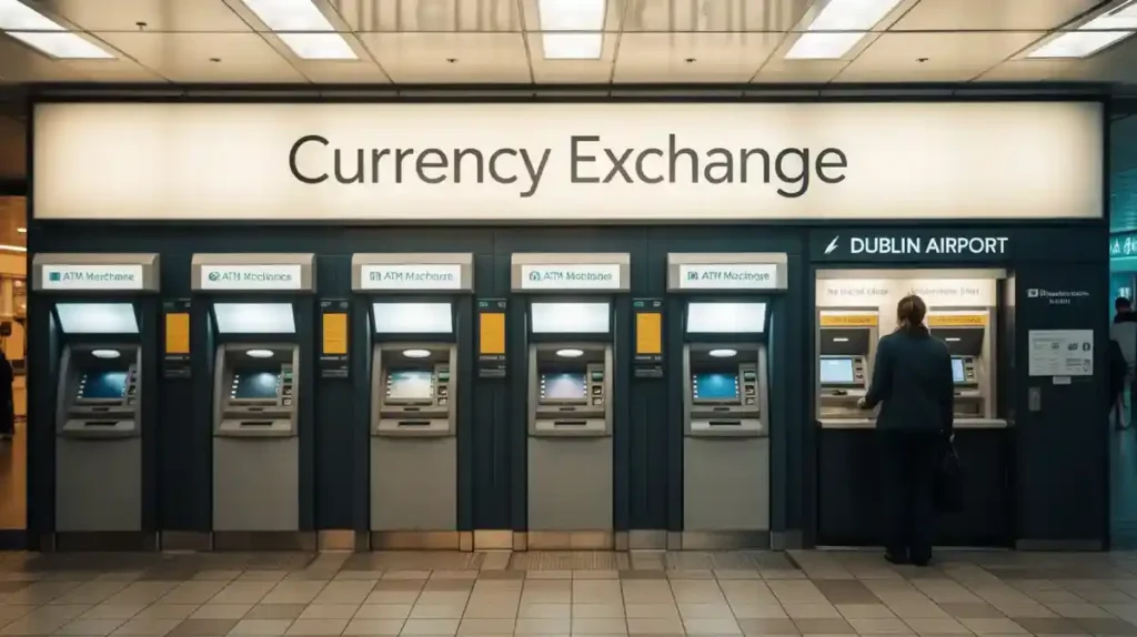 Currency exchange desk and ATM at Dublin Airport in 2025