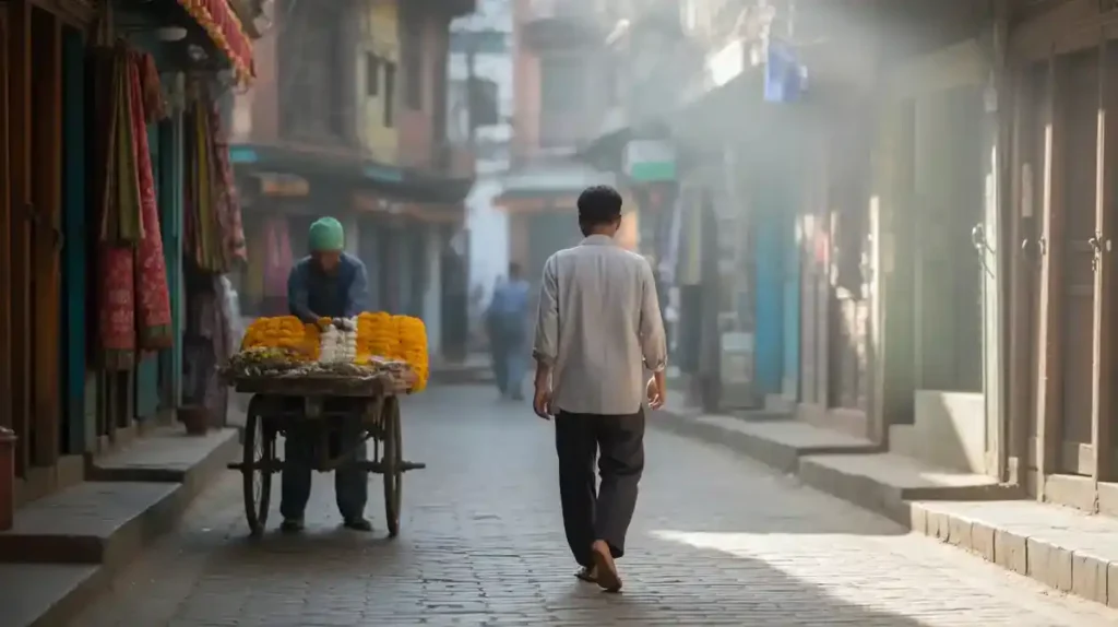 Traveler enjoying an early morning walk in a peaceful Kathmandu street