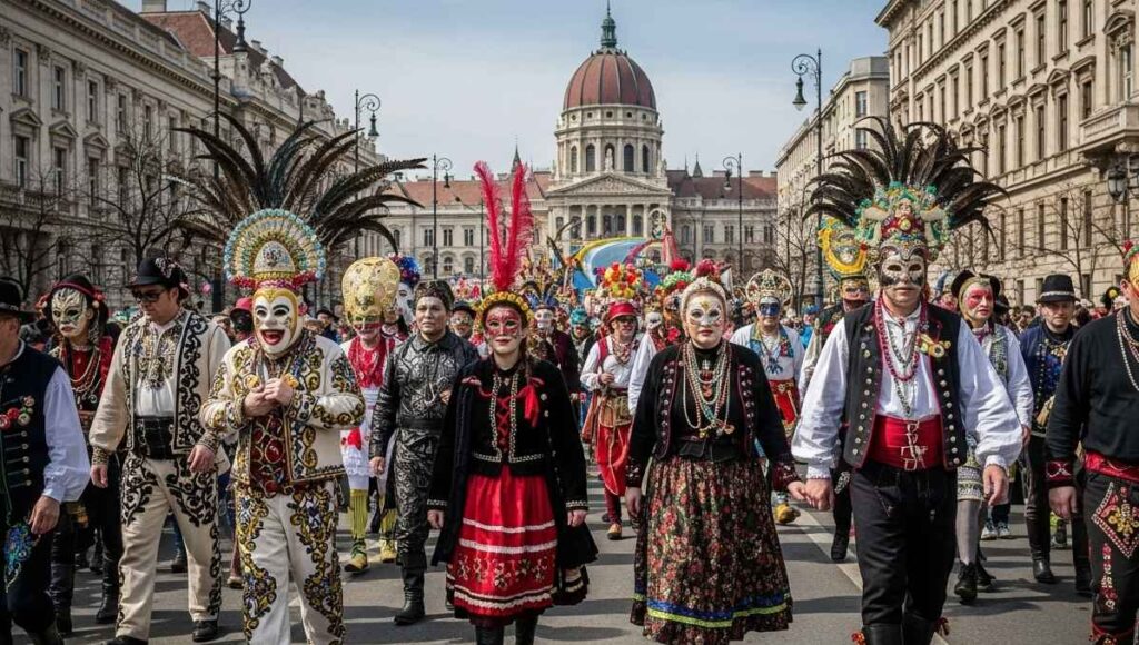 Colorful Farsang Festival parade in Budapest with masks and costumes