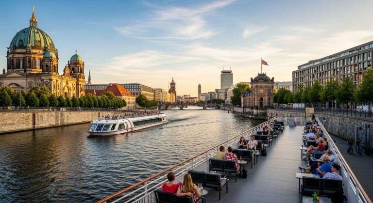 Scenic Berlin boat tour on the Spree River with city landmarks and sunset reflections