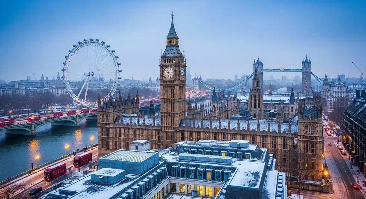 A panoramic view of London during snowfall in winter