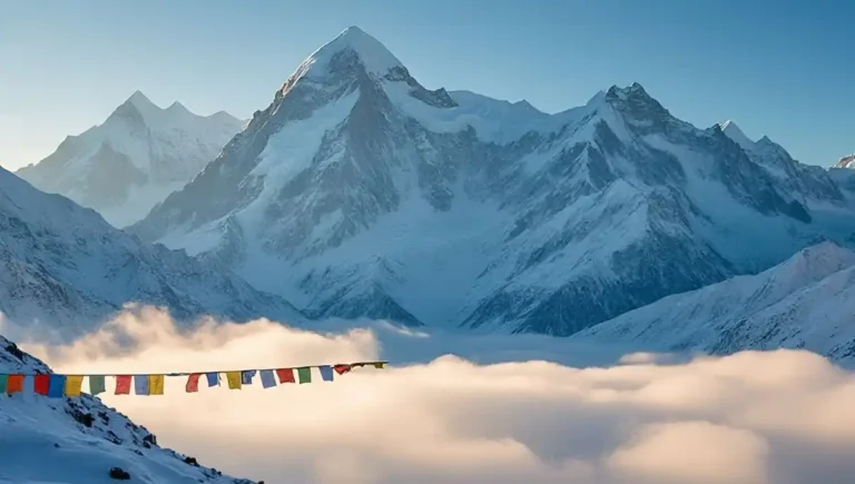 Snowy Himalayan mountains with prayer flags in Nepal during winter