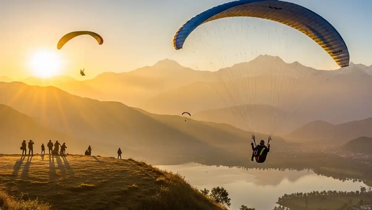 Sarangkot sunrise with paragliders and Himalayan backdrop