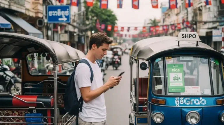Booking a ride with Grab in Phnom Penh using a smartphone