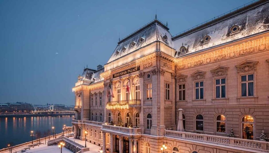 Four Seasons Hotel Budapest in winter with snow and festive lights
