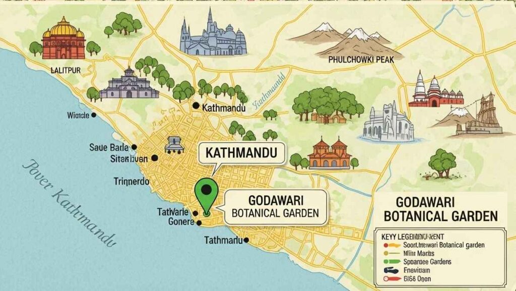 Map showing Godawari Botanical Garden near Kathmandu Valley