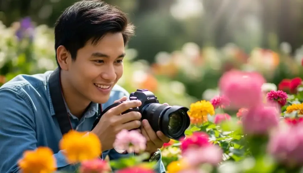 Photographer capturing colorful plants at Godawari