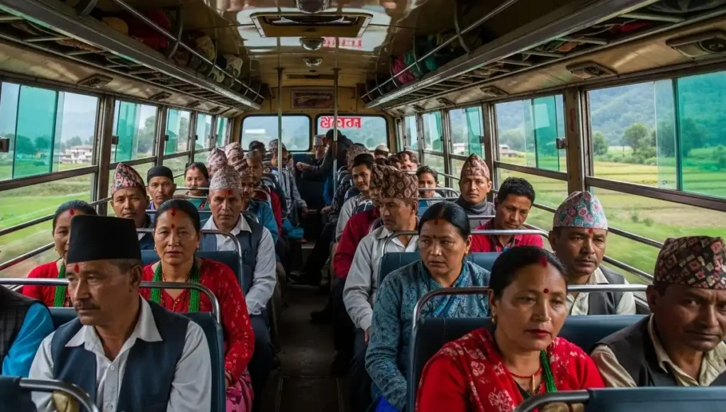 Inside a local bus going to Godawari