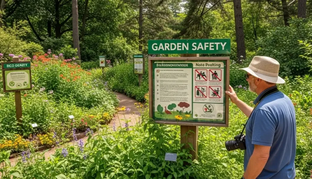 Visitor reading safety signs at Godawari Botanical Garden