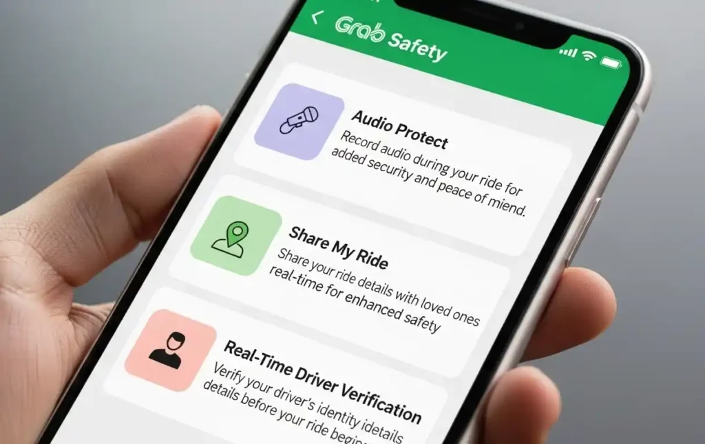 Grab app showing safety and pricing features for 2025.