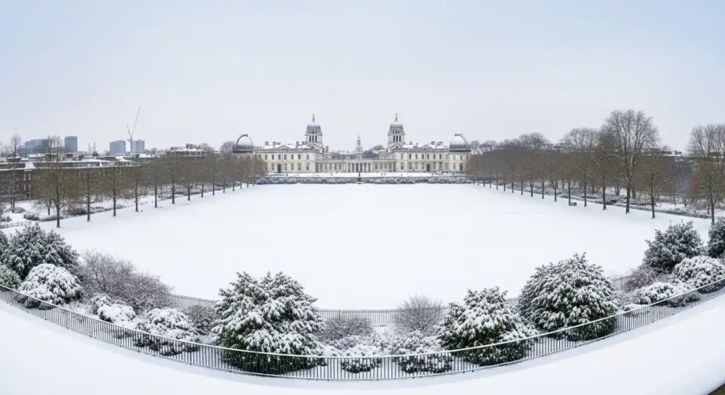 Snowy Greenwich Park with panoramic views of London