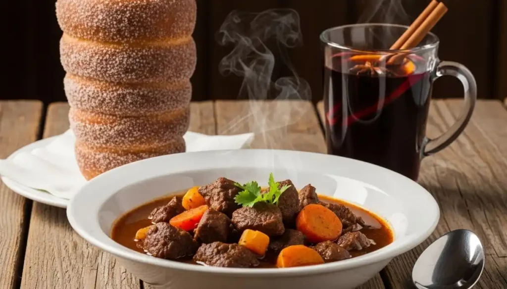 Goulash, chimney cake, and mulled wine on winter table