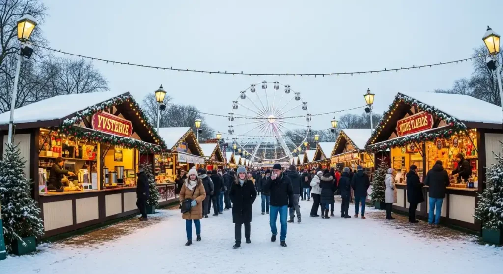 Hyde Park Christmas market during snowfall