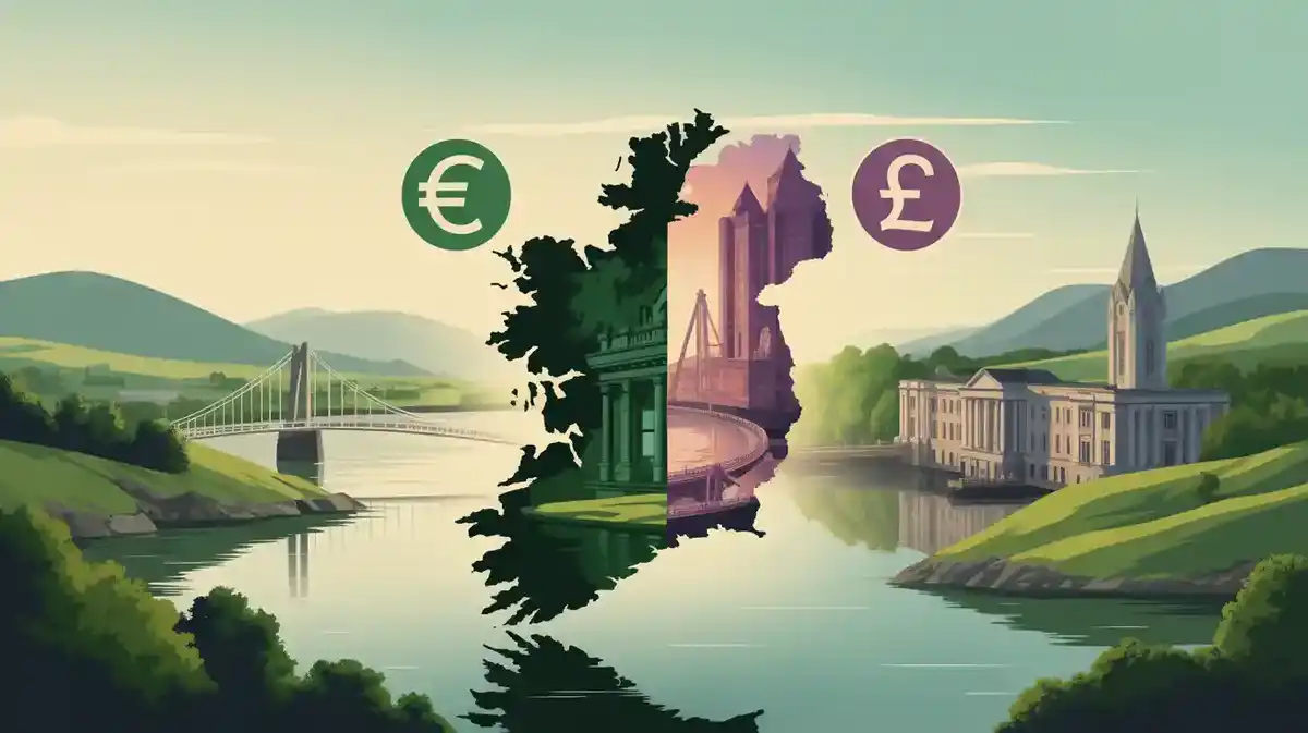 Republic and Northern Ireland split currency concept with landmarks and soft landscape in background