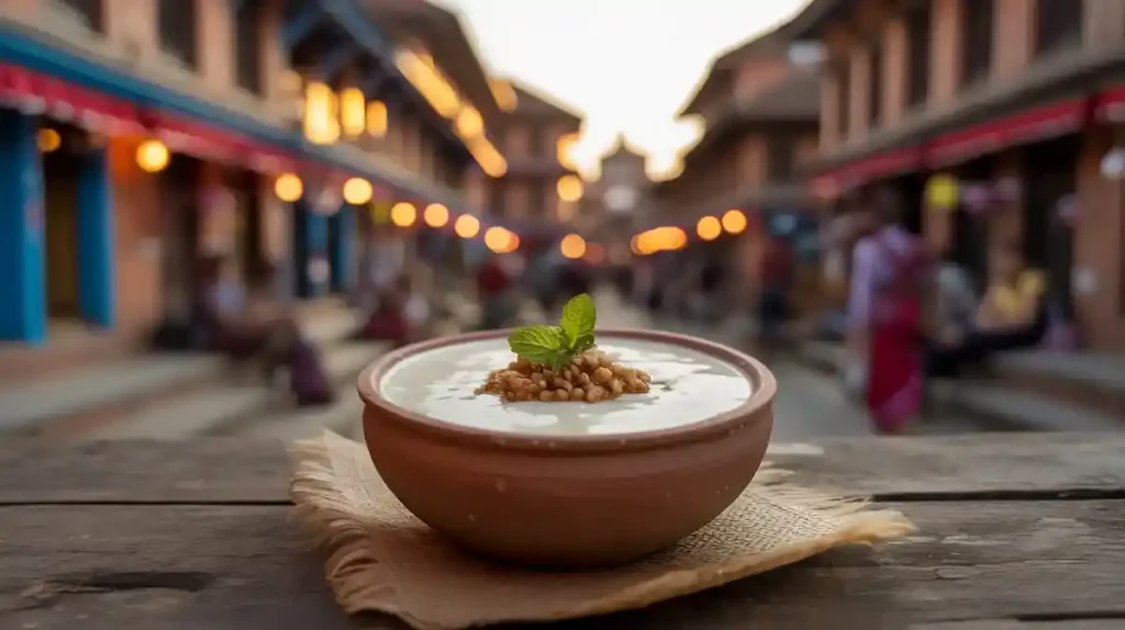 A clay bowl of Juju Dhau served fresh in Bhaktapur.