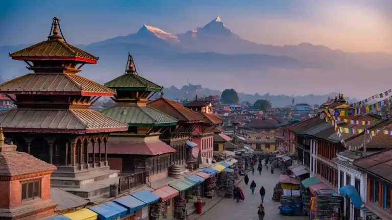 Kathmandu cityscape featuring temples, colorful rooftops, and the distant Himalayas in the background during sunrise.