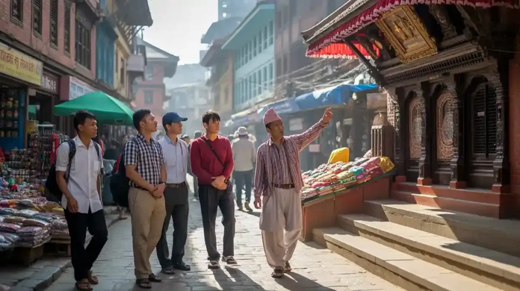 A walking group exploring Kathmandu with a local guide near temples
